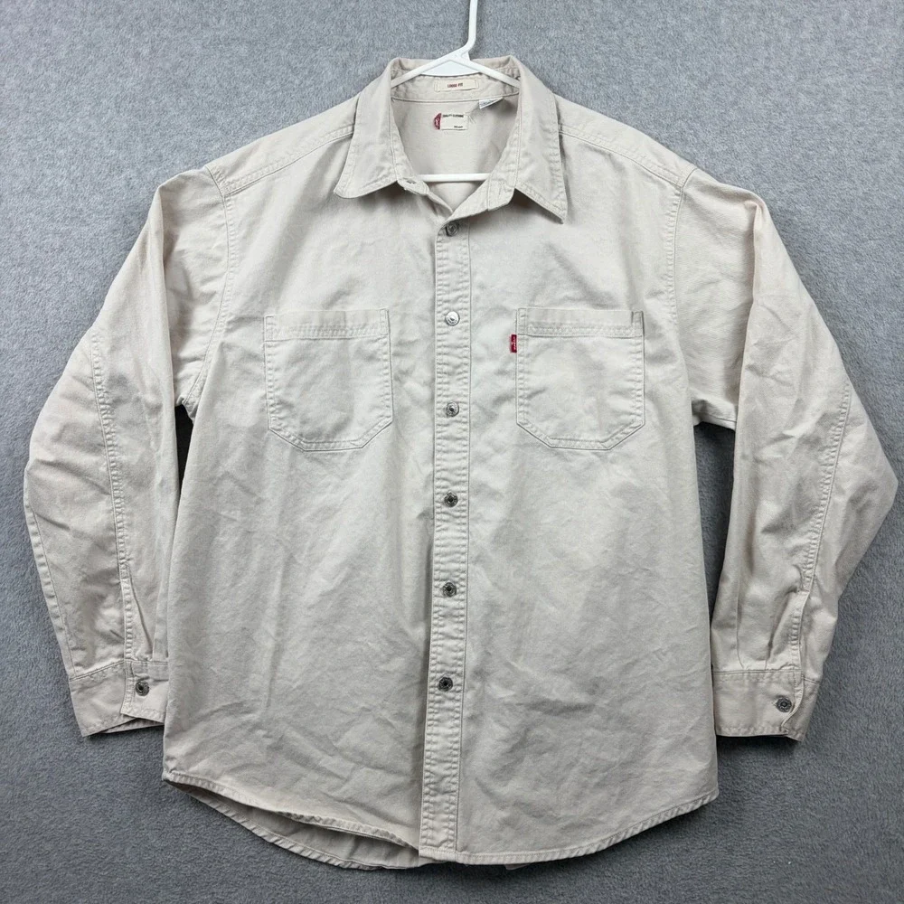 Vintage Levis Shirt Mens Large Beige Twill Metal Button Up Loose Fit Long Sleeve